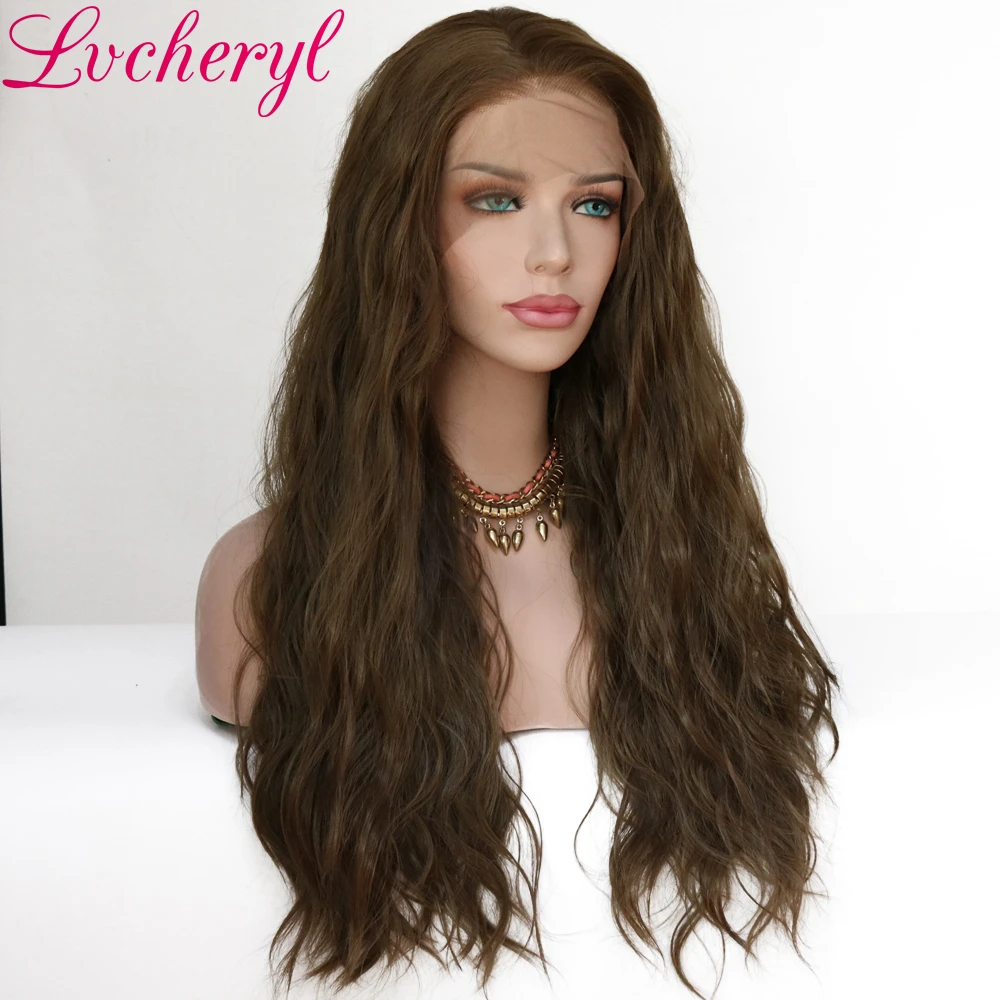 Lvcheryl 13x6 синтетический парик на кружеве каштановый коричневый натуральный волнистый Futura волоконные волосы парики термостойкие синтетические парики