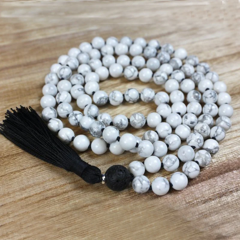 Коллекция 108 года ожерелье Howlite Mala С узлом подвеска из лавового камня бусина с