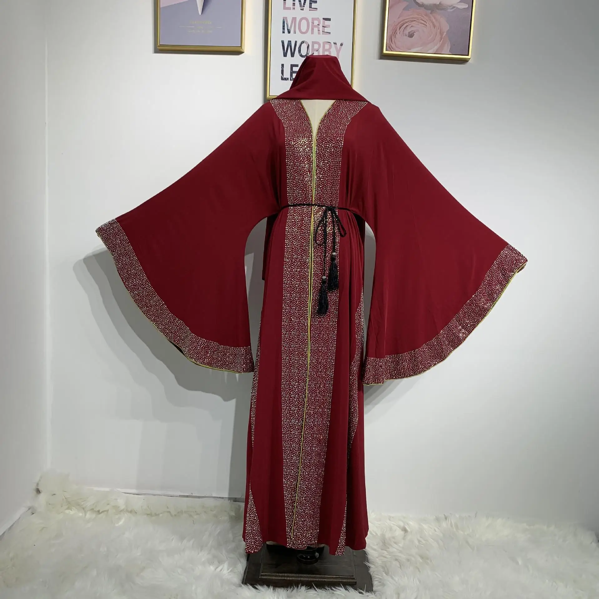 Wine Red Дубай abaya свадебное платье abaya s Burkha Farasha Jalabiya Макси халат-кимоно элегантное роскошное платье со стразами с расклешенными рукавами Новинка - Цвет: Wine Red