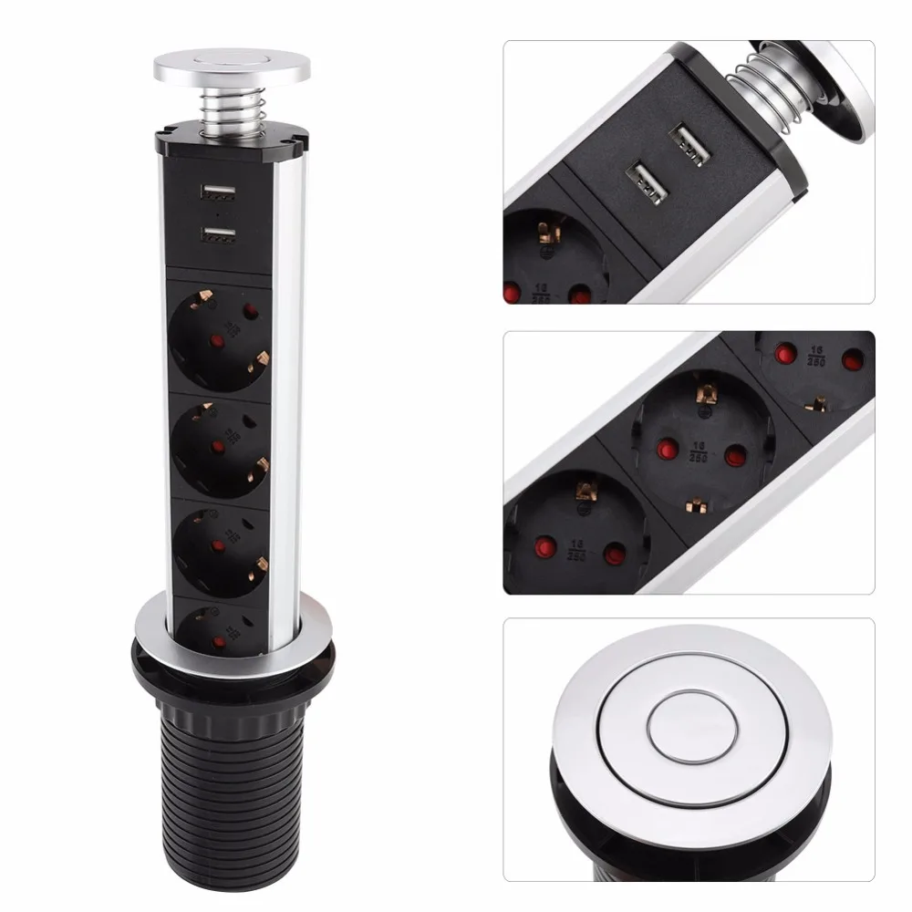 Выдвижные электрические 3/4 штепсельные розетки, 2 USB розетки, розетка питания, кухонная настольная розетка для столешницы, столешница, розетка ronde
