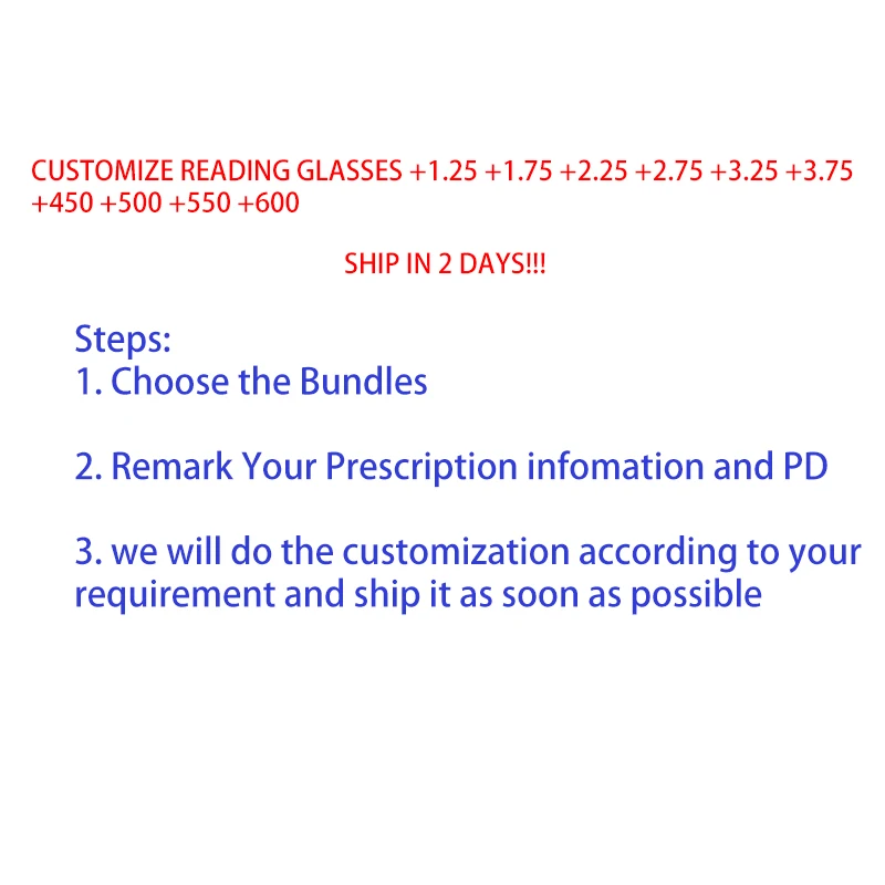 

Customize Reading Glasses +1.25 +1.75 +2.25 +2.75 +3.25 +3.75 +450 +500 +550 +600 anti blue ray reading glasses