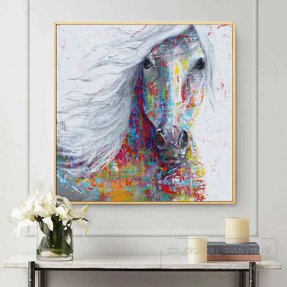 Ручная высококачественная абстрактная современная картина маслом на холсте "Лошадь" с яркими цветами, модное искусство для украшения стены.