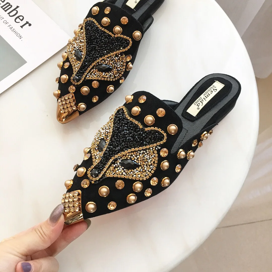 Модные женские шлепанцы с заклепками сезон лето Роскошная обувь женская