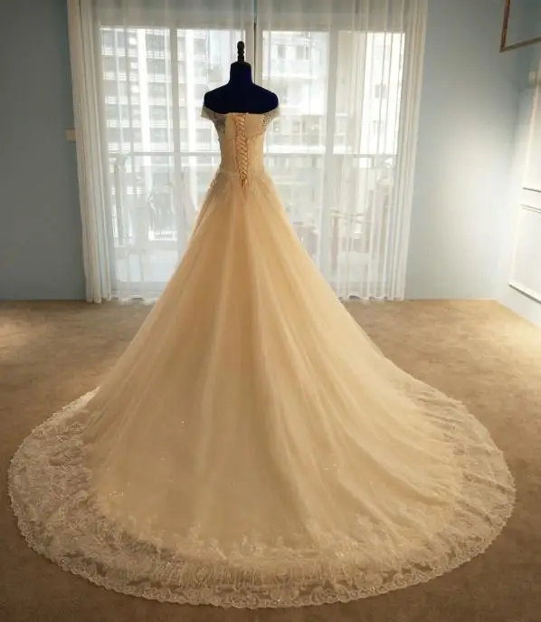 BANVASAC Real Photos Boat Neck A Line Lace Appliques Wedding Dresses 2018 Short Cap Sleeve Plus Size Court Train Bridal Gowns | Свадьбы и