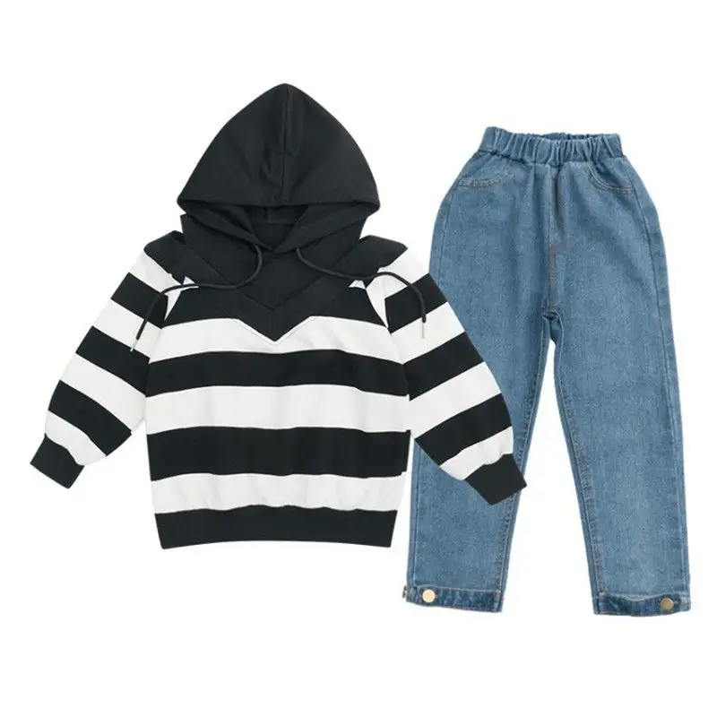 

2019 New Fashion Kids Girl Cotton Clothing Sets Children Hooded Striped Top+Denim Pants Suits Teen Girl Causal Princess Set Q772
