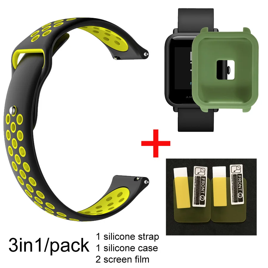 blackyellow-greencas 3в1 ремешок для часов Huami Amazfit ремешок Bip для Amazfit Bip чехол силиконовый ремешок защитный чехол для экрана аксессуары - Цвет: blackyellow-greencas