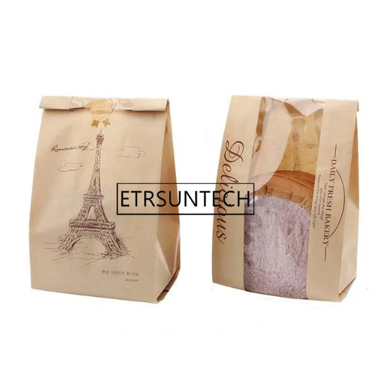 

1000pcs 33x16x11cm Kraft Bag Window Baking Packaging Toast Cookies Food Bread Paper Bags Printed Package Bakery Iron Tower