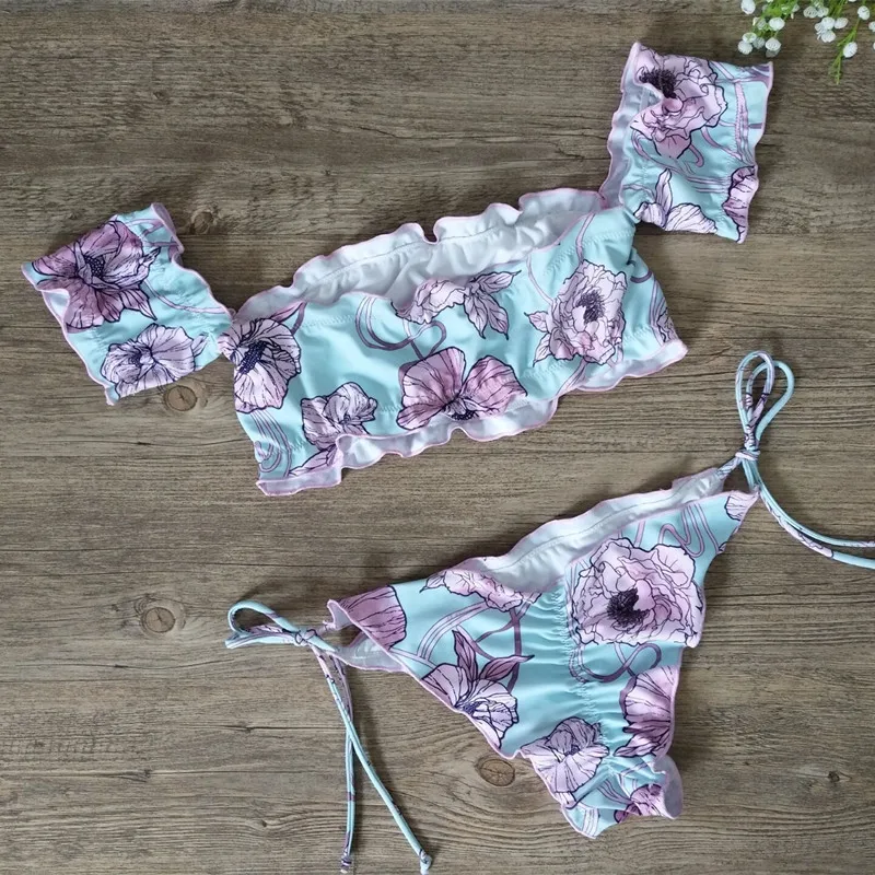 

New Print Bikini New Strappy Bandage Swimsuit Bathing Suit Sexy Women Bandeau Push Up Off Shoulder Swimwear Beach Wears