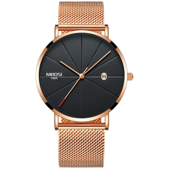 rose gold black m Saat Nibosi, роскошные Брендовые Часы для мужчин, сетчатый ремешок, модные простые часы, мужские черные ультра тонкие часы для мужчин, Relogio Masculino - Цвет: rose gold black m