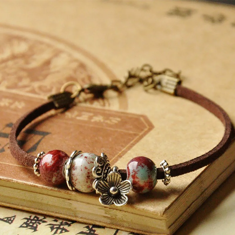 

30 pieces/lot Ceramic Beaded Bracelets Leather Cuff Bangles Link Chain Wristband Women Silver Flower Charm Jewelry Accessories