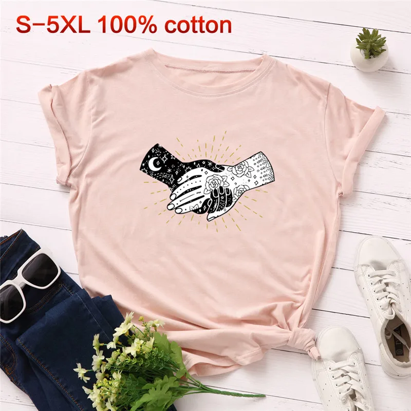 Женская футболка размера плюс S 5XL New Hands Moon Star 100% хлопок с круглым вырезом коротким