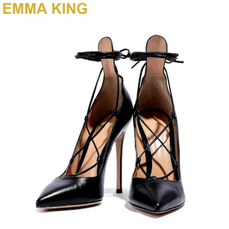 Online Sepatu Hak Tinggi Wanita Ujung Runcing Pump Stiletto Bertali Pergelangan Kaki Hitam Seksi Sepatu Pesta Hak Tipis Wanita 10CM 12CM Sepatu Wanita 35-43