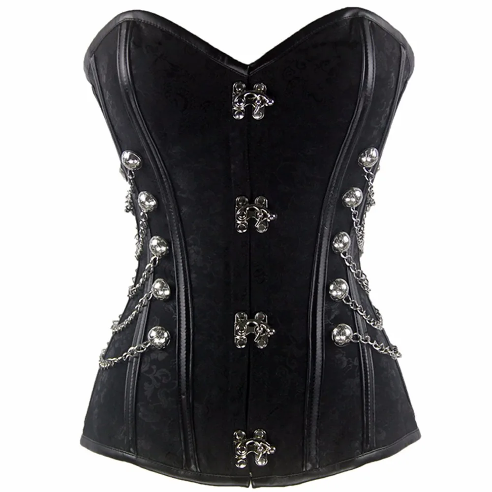 

Punk Style Retro Fashion Black Jacquard European And American Sexy Court Corset Single Row Button Waist Chain Tight Vest