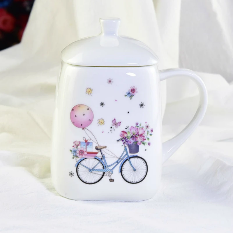 500ml Creative Square Mug Large-sized bone china cup with lid Ms. Gift Cup handle cover | Дом и сад