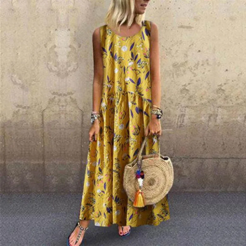 02 yellow Lipswag 5XL женское Цветочное платье Бохо без рукавов винтажное летнее пляжное длинное платье макси элегантное платье с круглым вырезом размера плюс - Цвет: 02 yellow