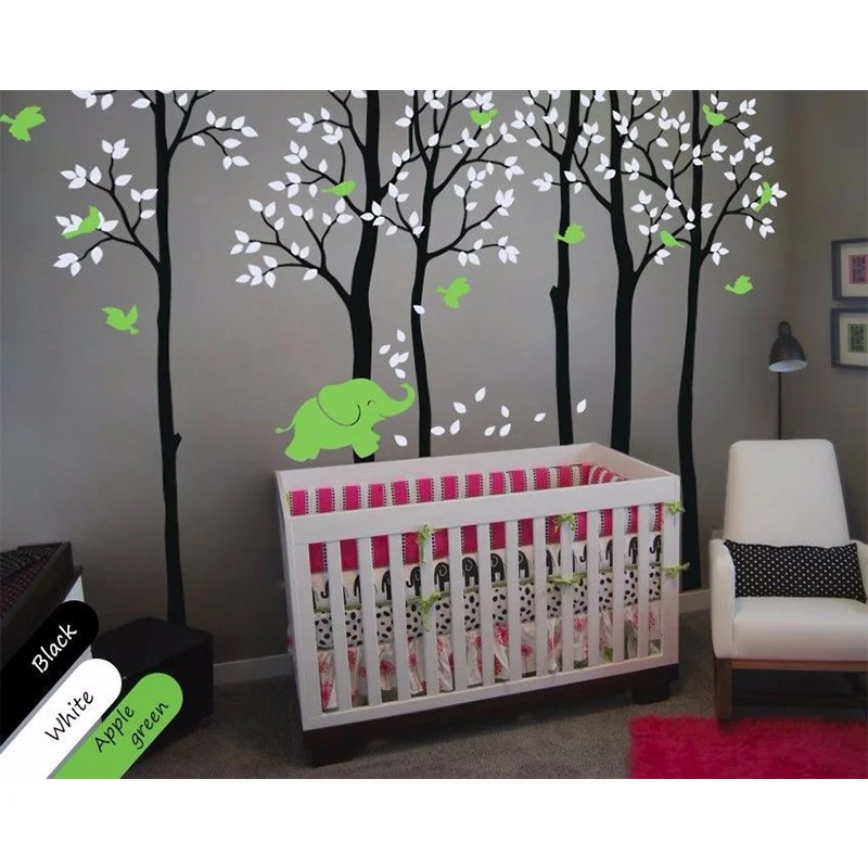

New Tree Wall Decals Size 235X353CM Birch trees with elephant and birds Nursery decor for your baby's room