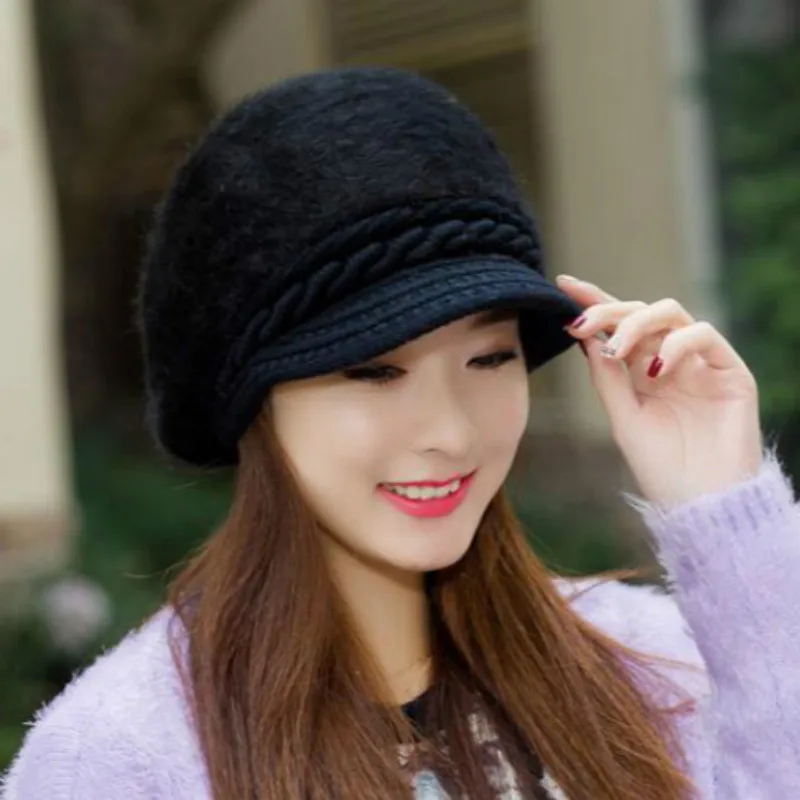 

fashion rabbit fur winter hat solid thick warm knitted female cap outdoor women fleece lining skullies beanie drop shipping