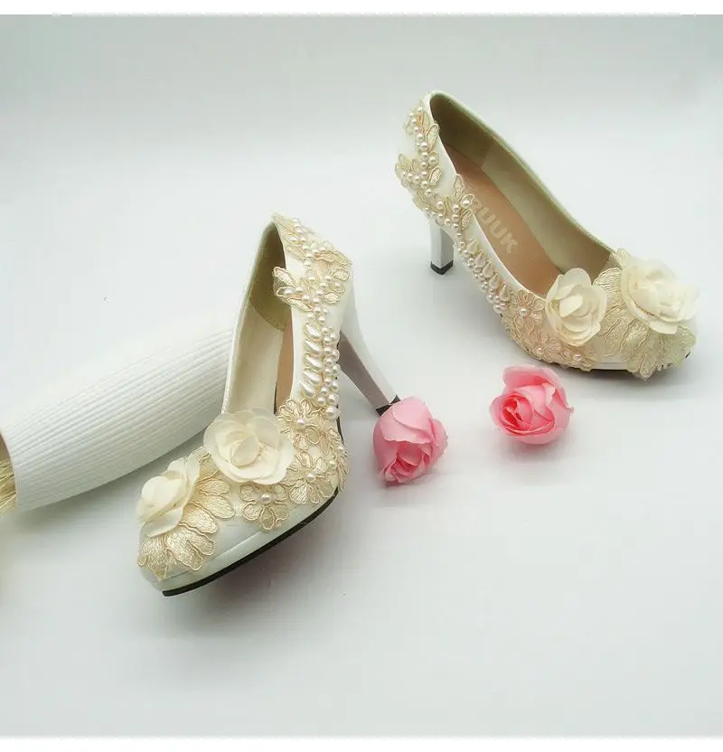 Новинка 2018 женские свадебные туфли с цветами цвета шампанского кружевные