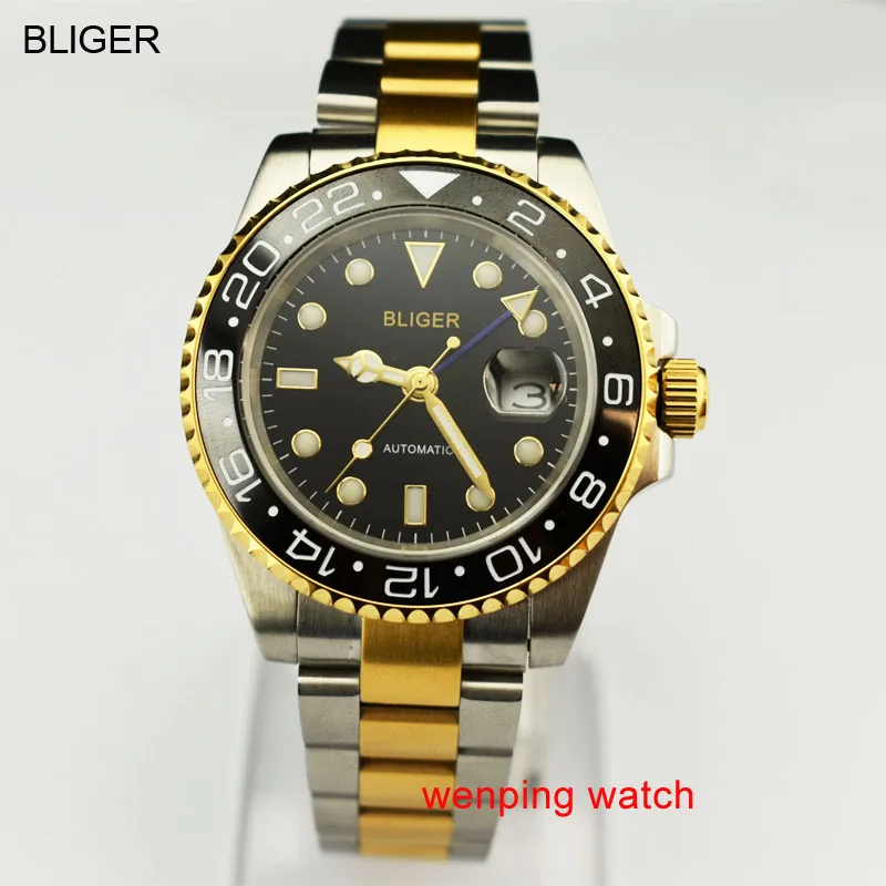 

Bliger 40mm black dial series Sapphire glass Ceramic Bezel blue GMT Automatic stainless steel strap Men watches