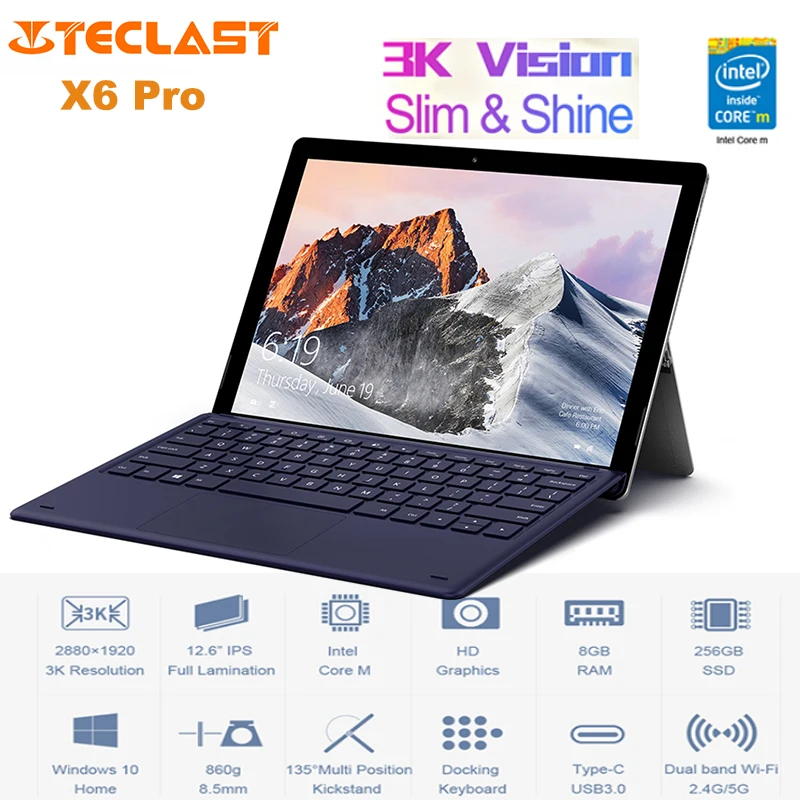 Teclast X6 Pro 2 в 1 планшетный ПК 12 6 ''Windows 10 Intel Core m3 7Y30 двухъядерный ГГц 8 Гб 256 Две
