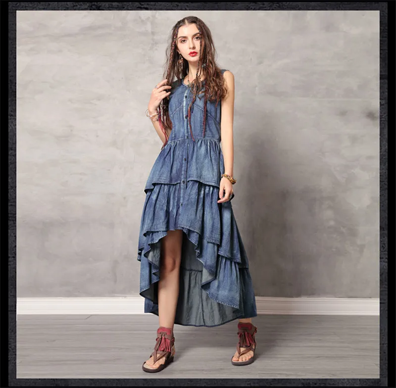 Летние Женские однотонные платья с оборками в стиле пэчворк повседневные Простые свободные длинные джинсовые платья без рукавов с высокой талией