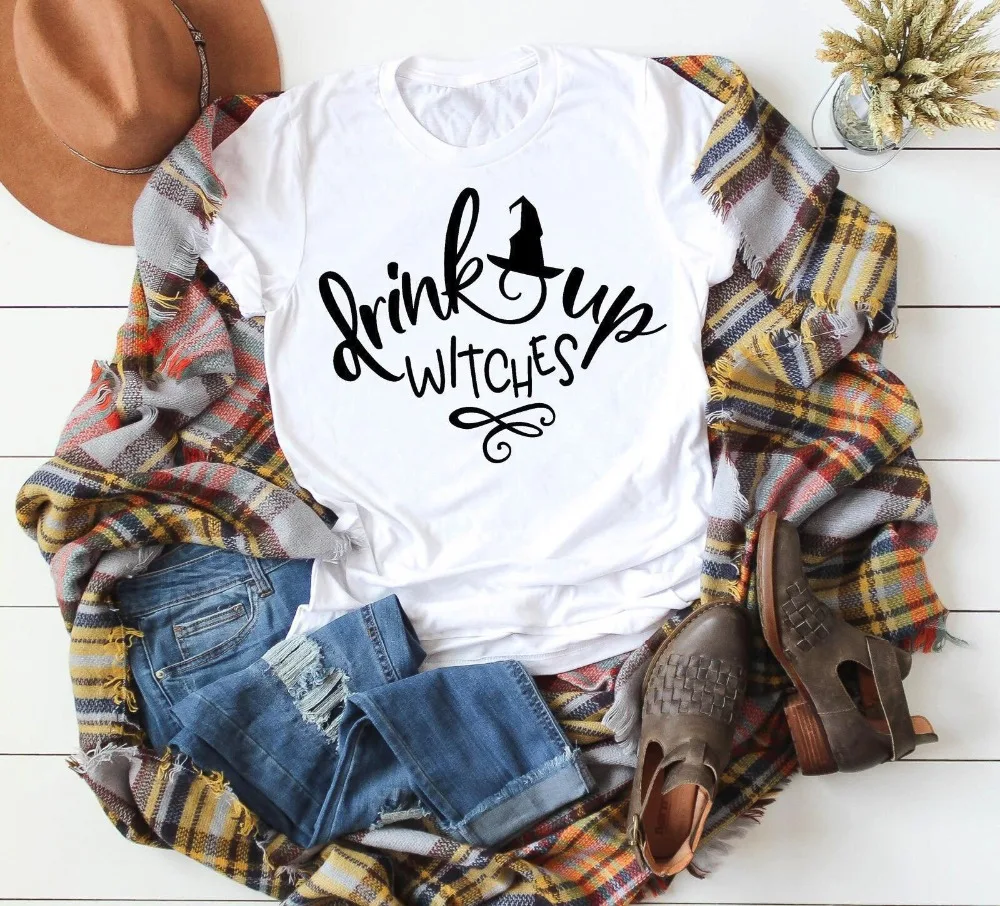 

Drink Up Witches Womens Halloween Shirt slogan cotton casual harajuku kawaii t-shirt aesthetic tumblr quote party girl tee tops
