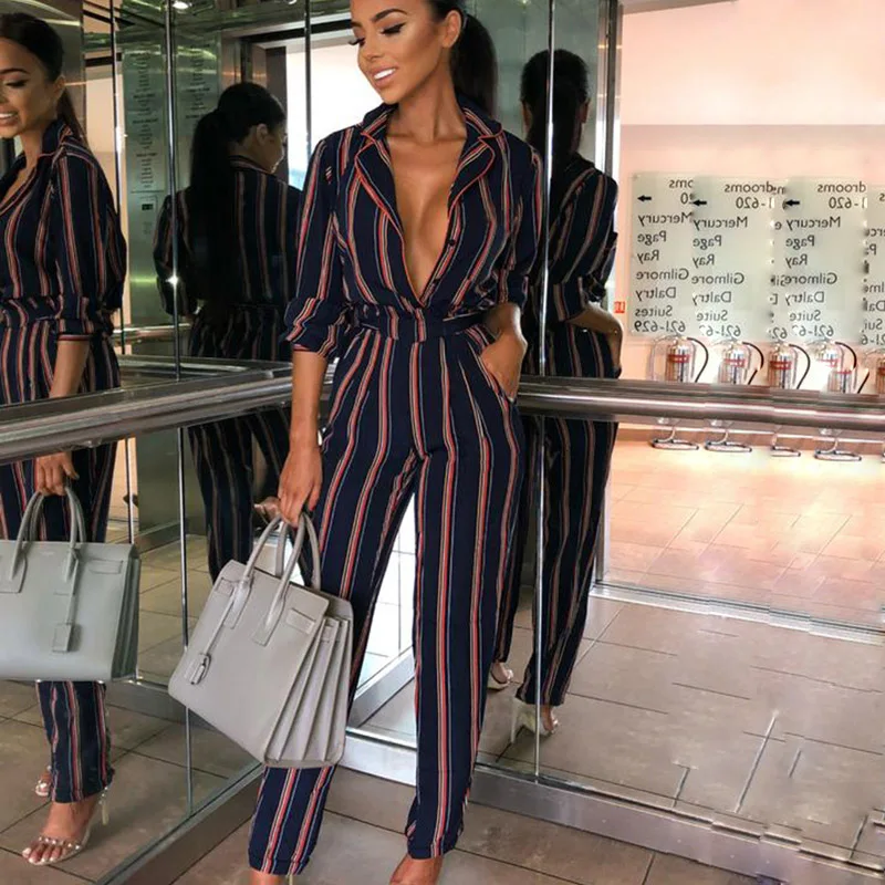 Женский комбинезон ELSVIOS Осенний офисный в полоску с глубоким треугольным вырезом
