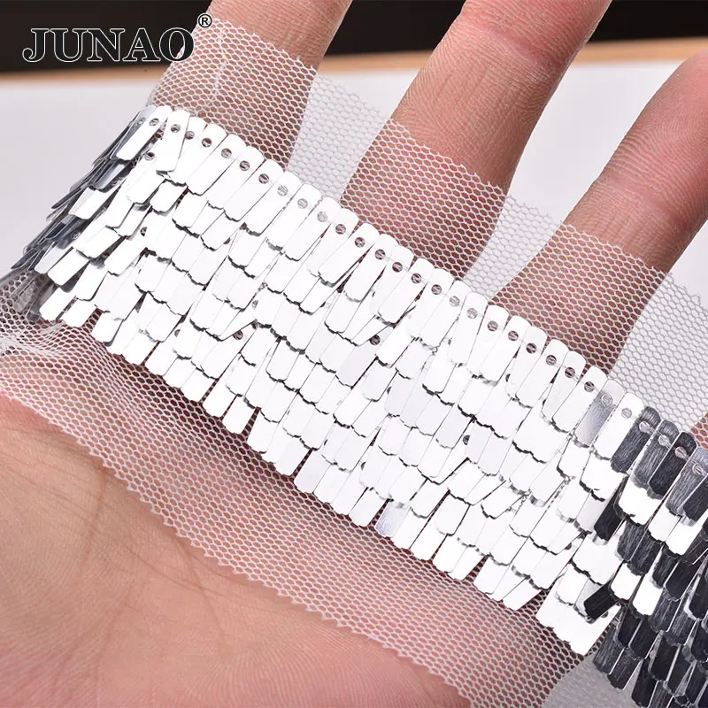 Silver JUNAO 1 ярд 35 мм Блестящая Серебристая Золотая лента для шитья пайеток ткань украшение блестка материал для скрапбукинга ремесла - Цвет: Silver
