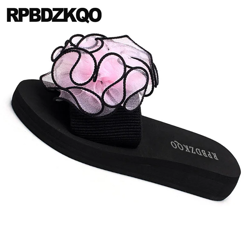 Flower Slippers Sandals Large Size Big High Heel Ladies Wedge Fashion Wide Fit Shoes Flatforms Pink Women Summer Low Slides Plus | Обувь