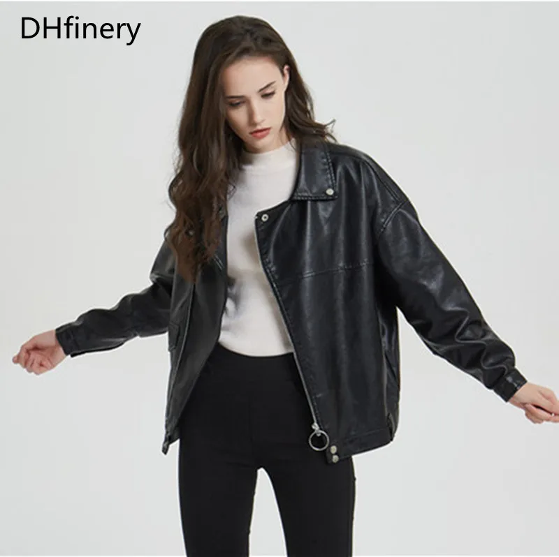 Женская кожаная куртка DHfinery короткая приталенная мотоциклетная модель P2138 на