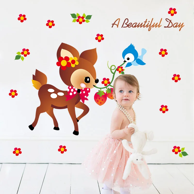 % Цветок Олень Птицы Мультфильм diy Милые Животные Стикер Стены Дети Детская Nuresry