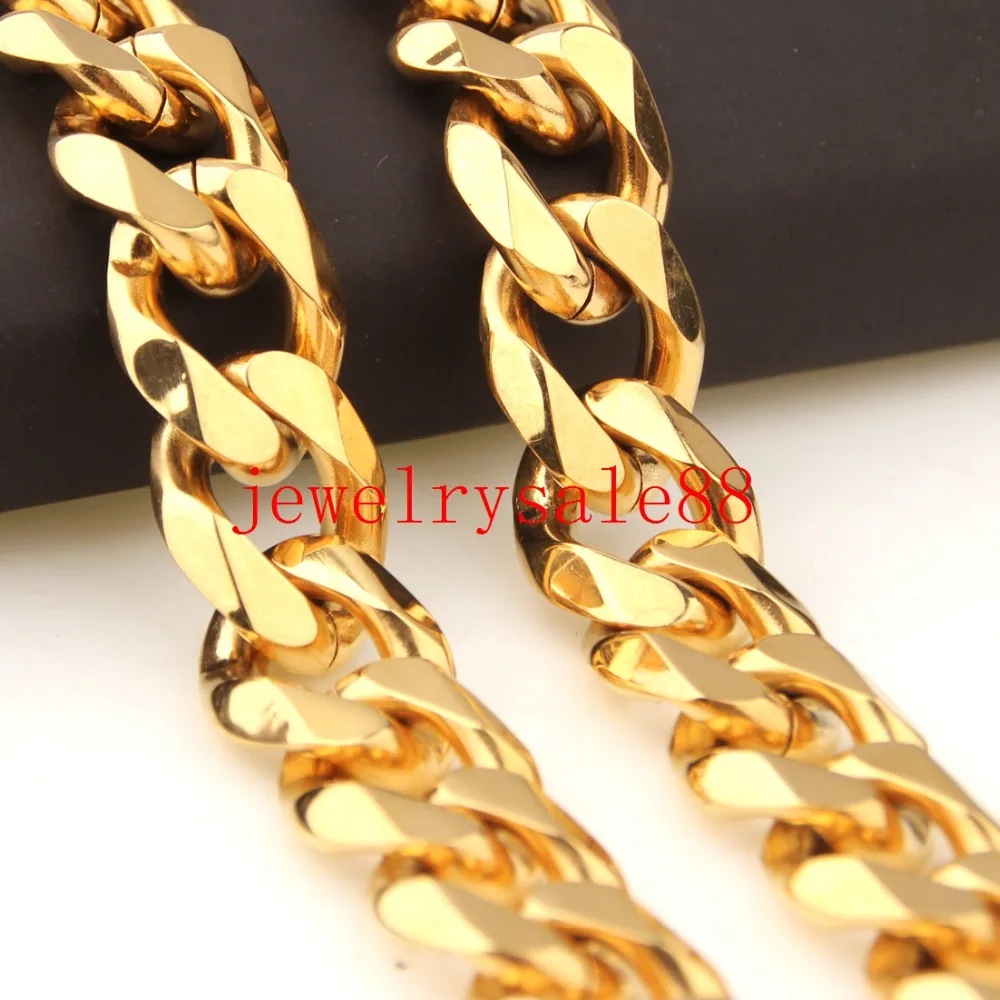 

5/8/10/12/15/17/19mm Gold Color Stainless Steel Cuban Curb Link Chain Bracelet/Necklace For Strong Men Fashion Jewelry 7-40inch
