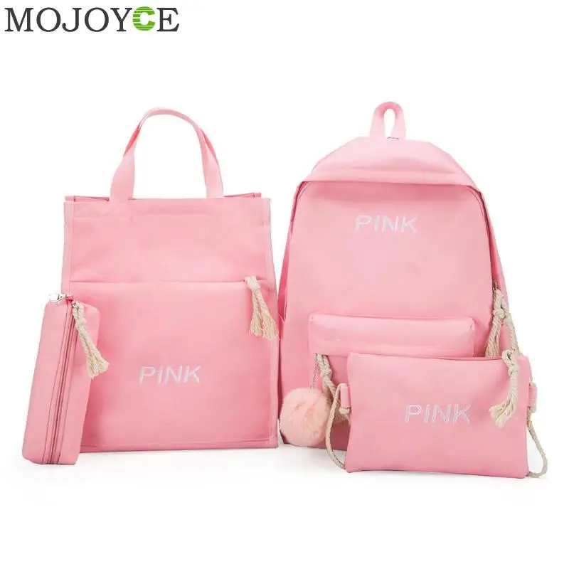 Pink 4 шт./компл. Для женщин рюкзаки комплект из плотной ткани с буквенным принтом подростковые школьные рюкзаки Повседневное Стиль Для женщин рюкзак Ручка Сумки sac a dos femme - Color: Pink