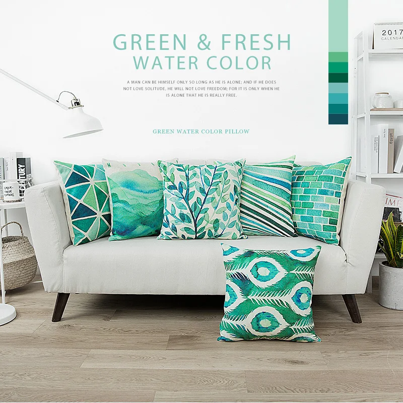 Оптовая продажа винтажный синий зеленый акварельный чехол для подушки