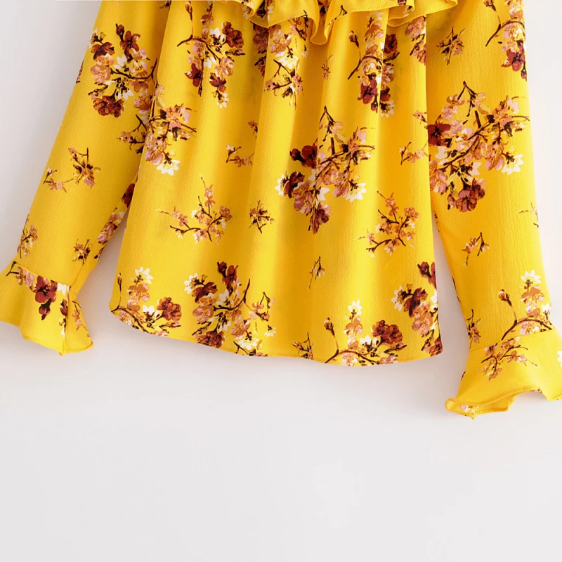 Womens Elegant Flower Print Chiffon Top Sexy Slash Neck Splicing Ruffled Trumpet Long Sleeve 2018 New Summer Beach Blouse |