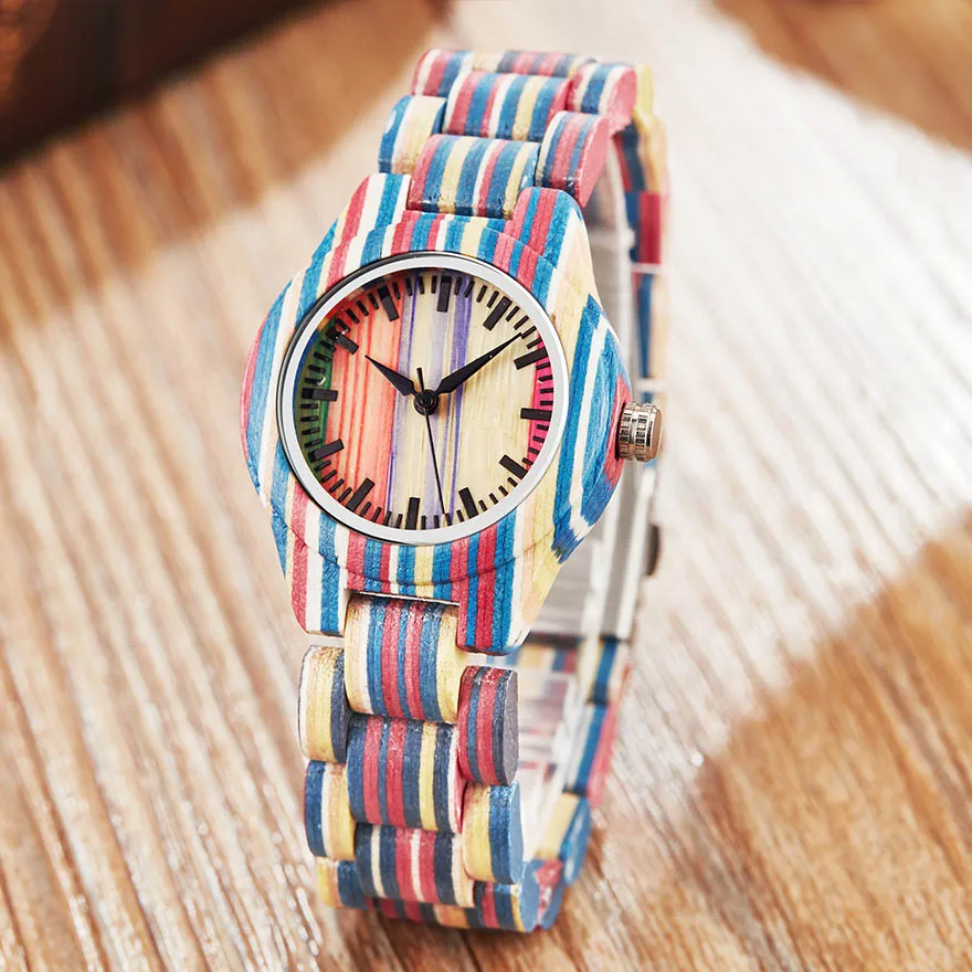 Уникальные деревянные часы женские кварцевые наручные бамбуковые с цветным