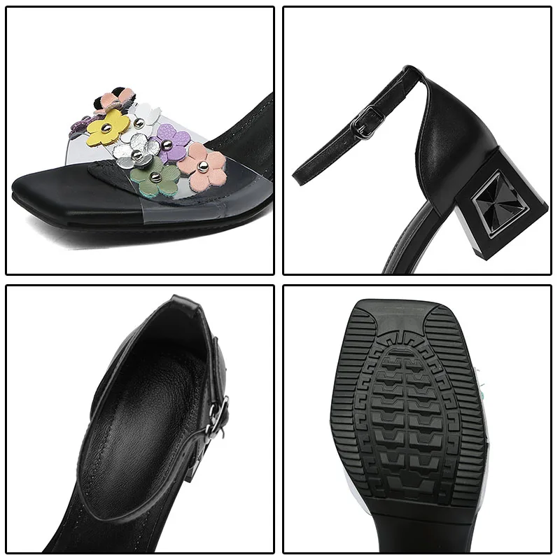 Phoentin transparent pvc sandals flower ankle buckle woman genuine leather square toe med heels white ladies shoes FT654 | Обувь