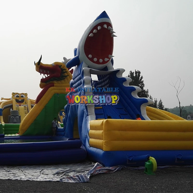 Koop Outdoor Mobiele Anime Featured Funtastic Funcity Dragon & Shark Opblaasbare Water Park Voor Zomervakantie