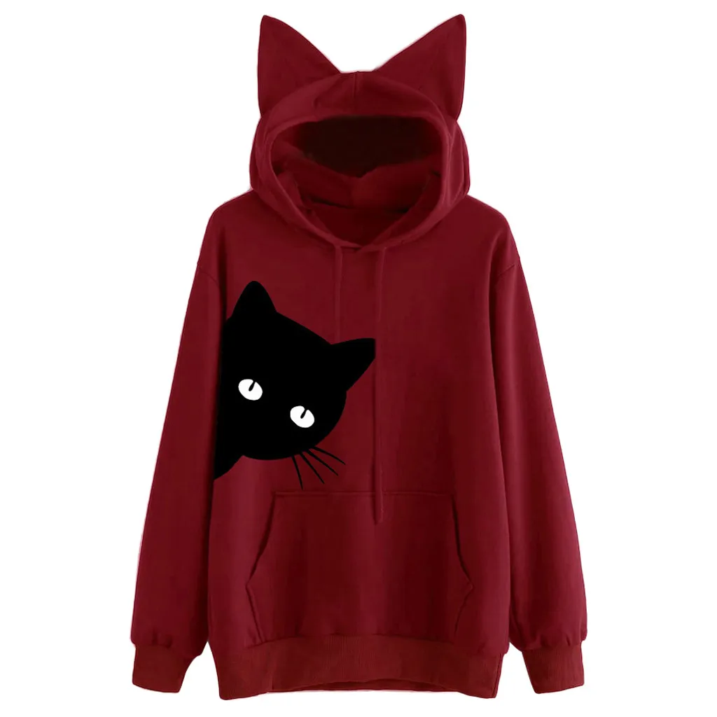 Женские толстовки с капюшоном Kawaii Cat Осенний пуловер и длинными рукавами большие