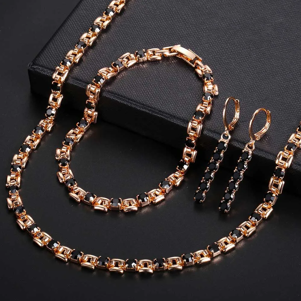 Женский ювелирный набор черный красный прозрачный CZ розовое золото серьги