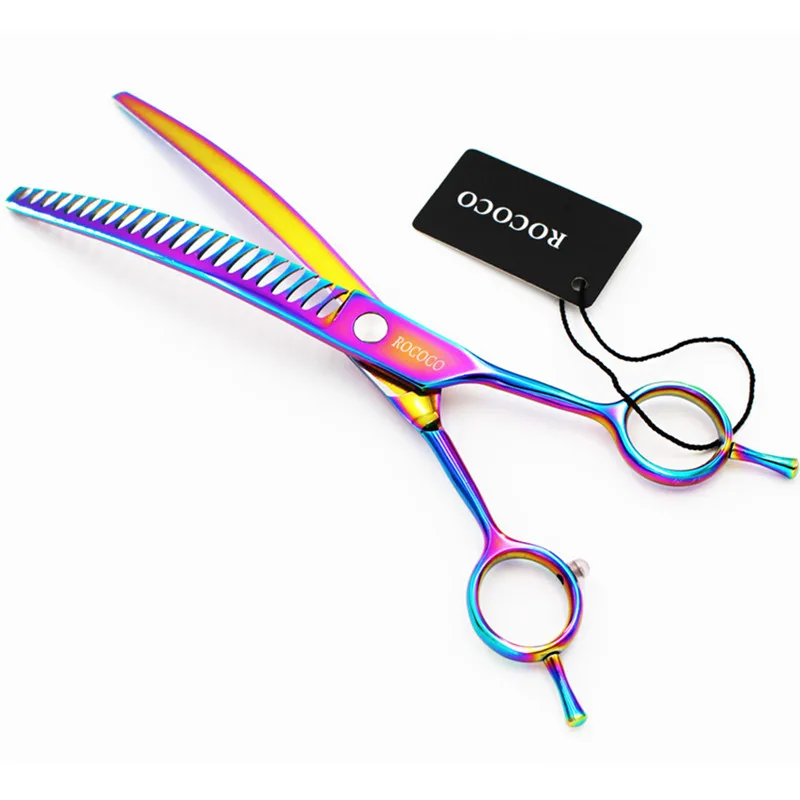 

Parade 8 inch Rainbow Downward Curved Thinning Scissors Chunker Fishbone Shear for Dog Cats Pet Shears Grooming Dog