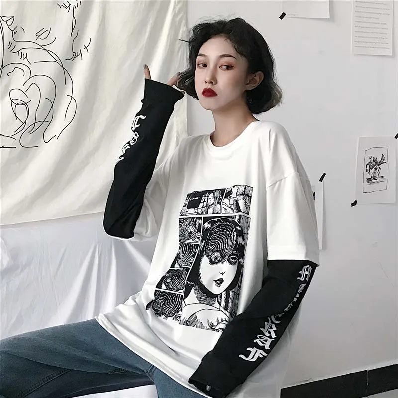 NiceMix Harajuku футболка женская поддельная 2 шт. принт японский Fujiang Ужасы комиксы длинный рукав рубашка Женская Vetement Femme