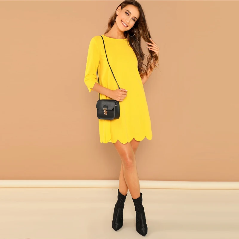 Dotfashion, желтая туника с волнистым краем, женские платья, Новое поступление, одежда, осенняя, повседневная, простая, 3/4 рукав, прямое короткое платье