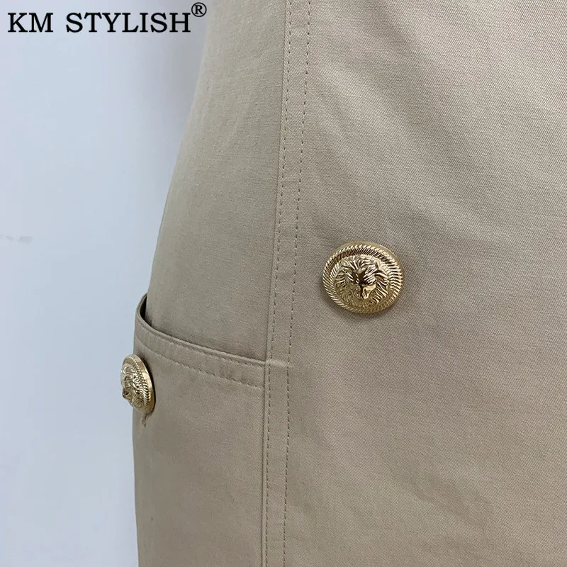 

New Women's Khaki Double-breasted buckle Simple slim Sleeveless Lapel vest one-piece dress