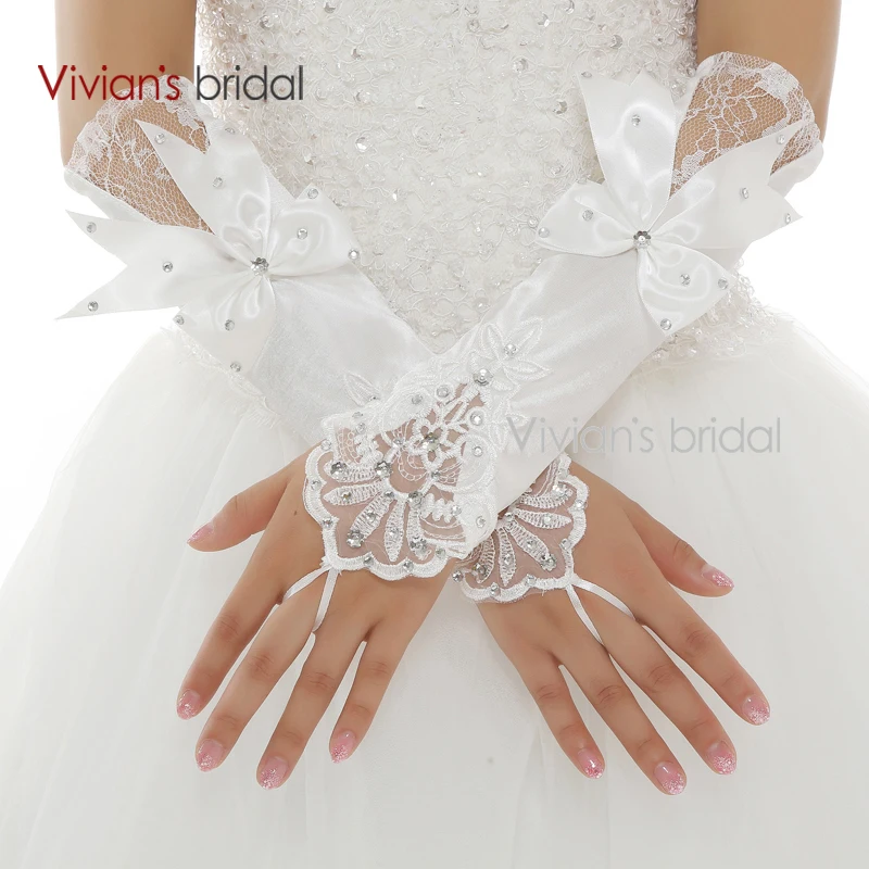 Vivian's Bridal хит продаж свадебные перчатки без пальцев Украшенные бусинами и