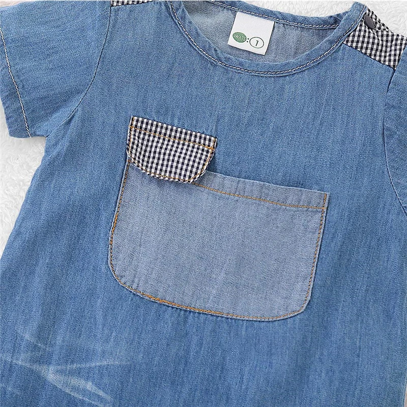 2019 Summer Short Sleeve Round Neck Blue Pocket Denim Jumpsuit Outfits Clothes Playsuit Toddler Newborn Kids Baby Boy Romper |