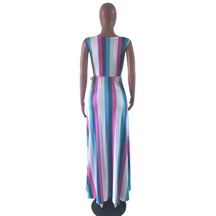 New Women Sexy Sleeveless Deep V-neck Side Slit Maxi Floor Length Party Club Midi Dress Fashion Femlale Striped Print Dresses | Женская