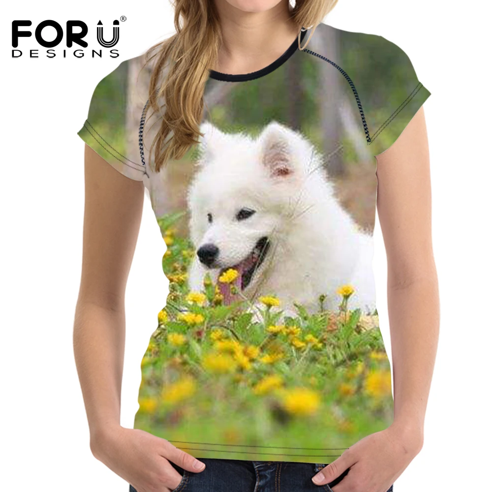 FORUDESIGNS/Милая женская футболка с 3D изображением собаки Samoyed летние повседневные
