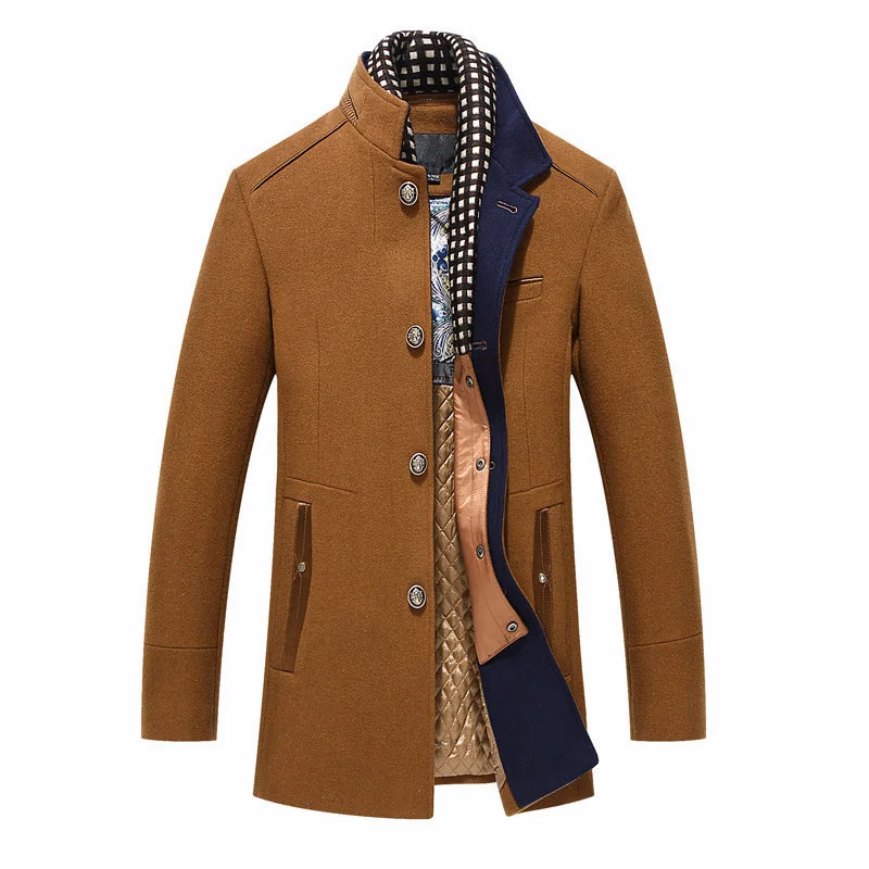 Khaki Men's Mandarin Collar Cashmere Coats Winter New Brand Long Wool Trench Coat Men Slim Fit Wool&Blends Peacoat Manteau Homme - Цвет: Khaki