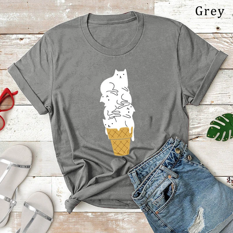 Уникальная креативная Футболка с принтом мороженого и кота женская черная